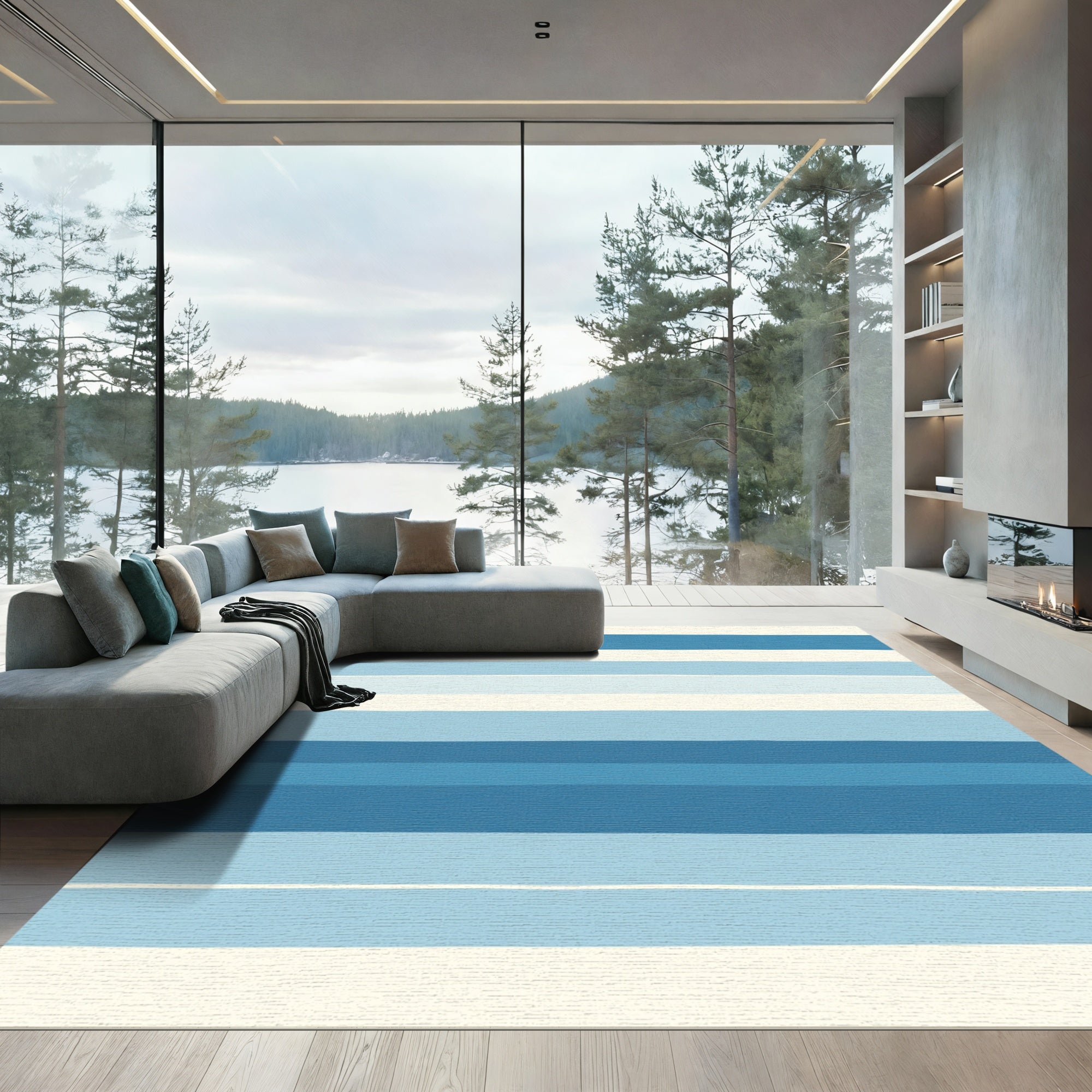 Varying Blue Horizontal Stripe Rug