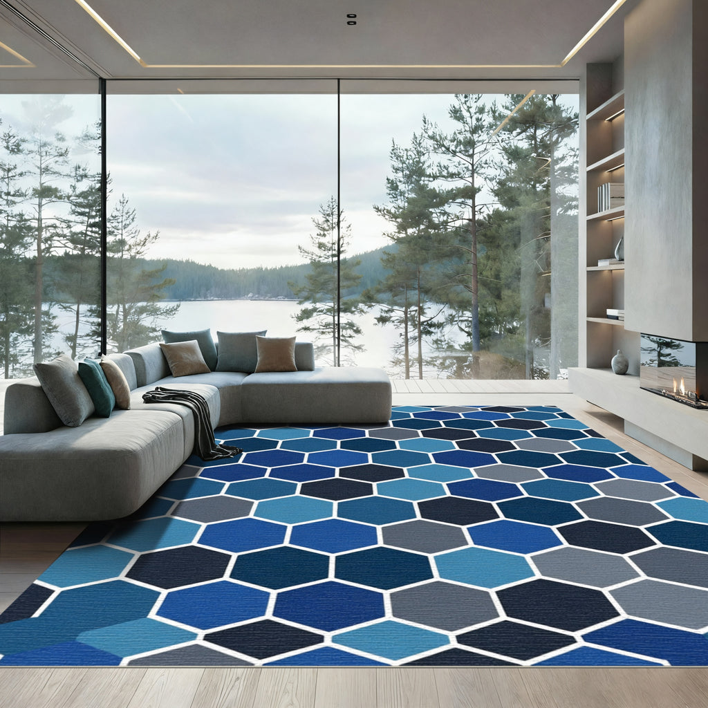 Deep Blue Hexagonal Grid Rug