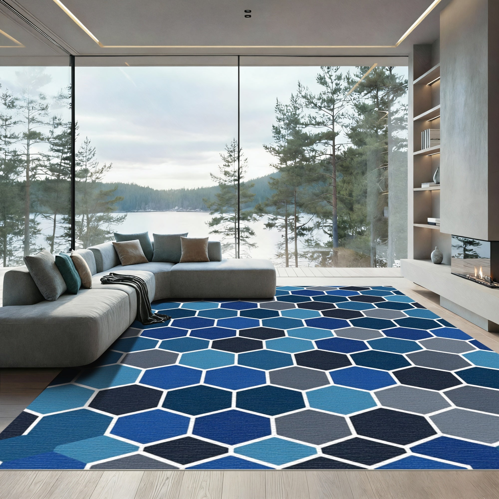 Deep Blue Hexagonal Grid Rug