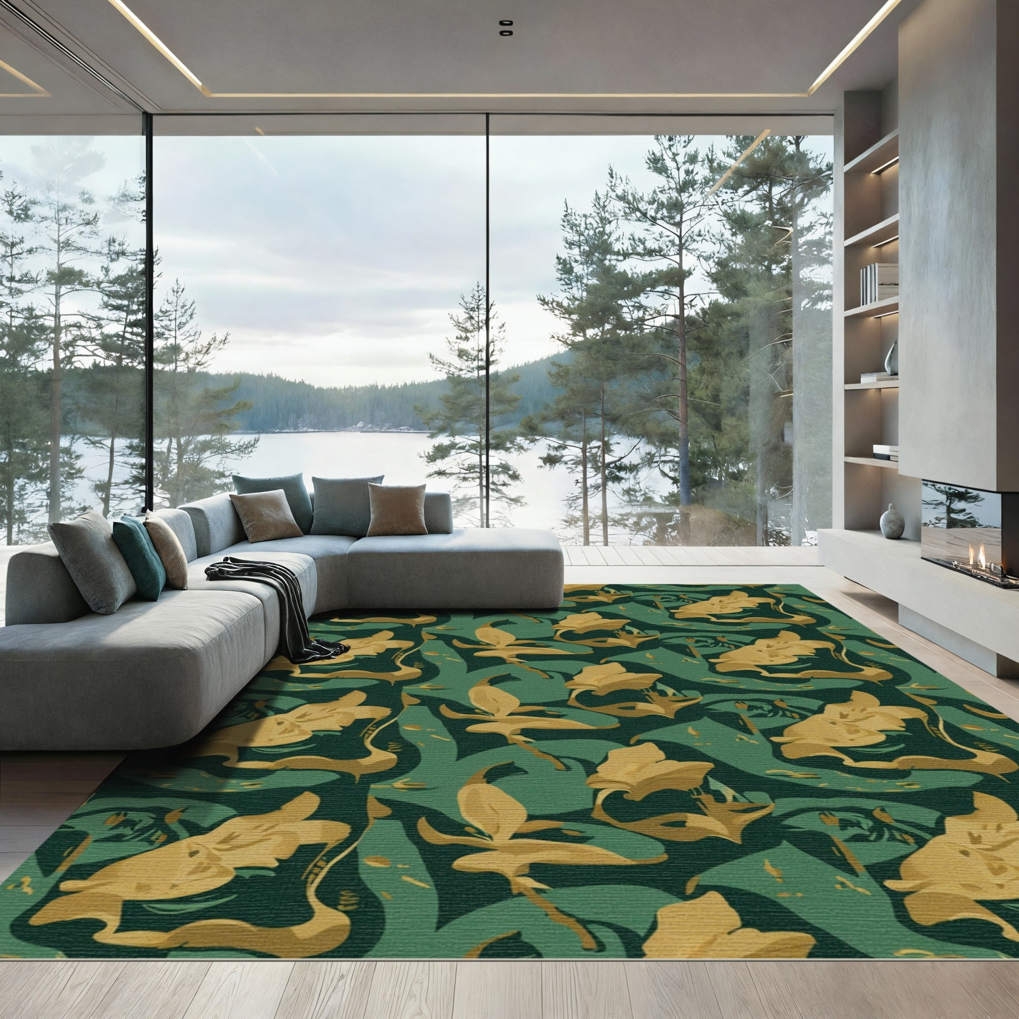 Golden Floral Swirl Forest Green Rug