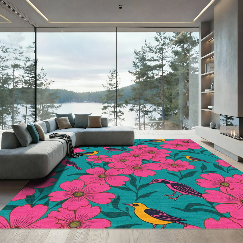 Pink Floral Birds Teal Background Rug