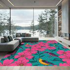 Pink Floral Birds Teal Background Rug