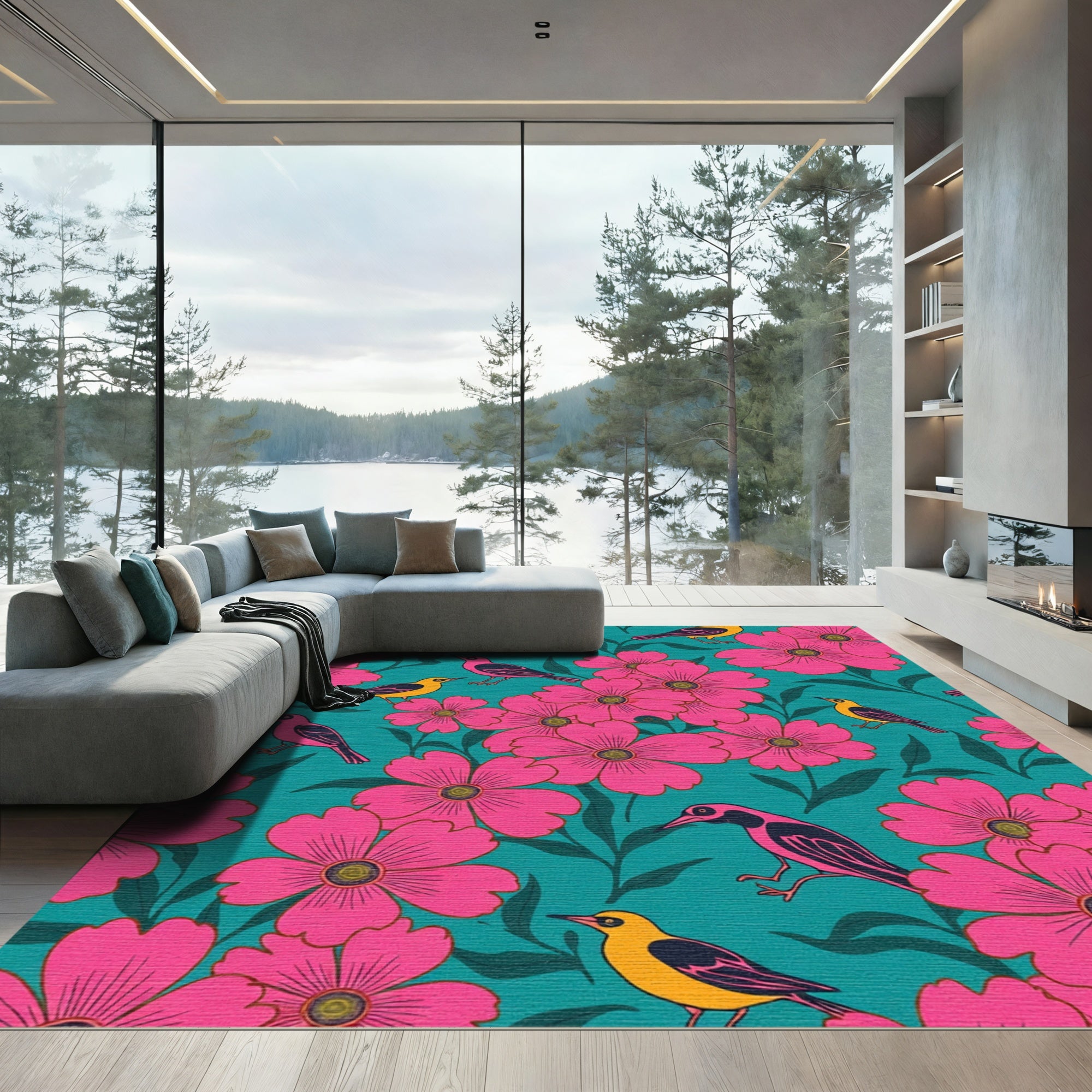 Pink Floral Birds Teal Background Rug