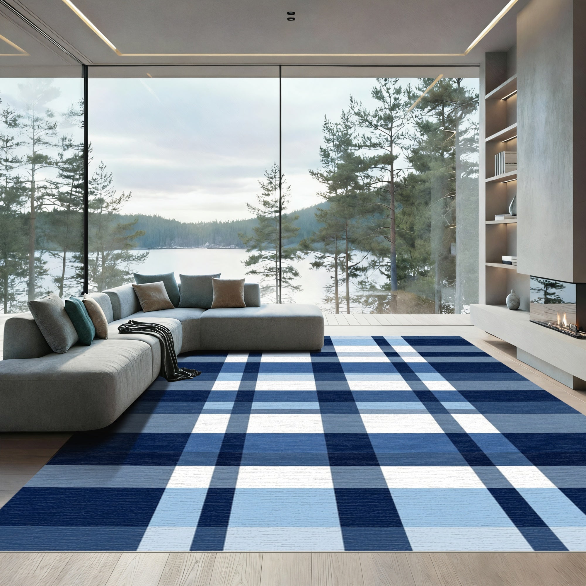 Classic Blue Gingham Plaid Lines Rug