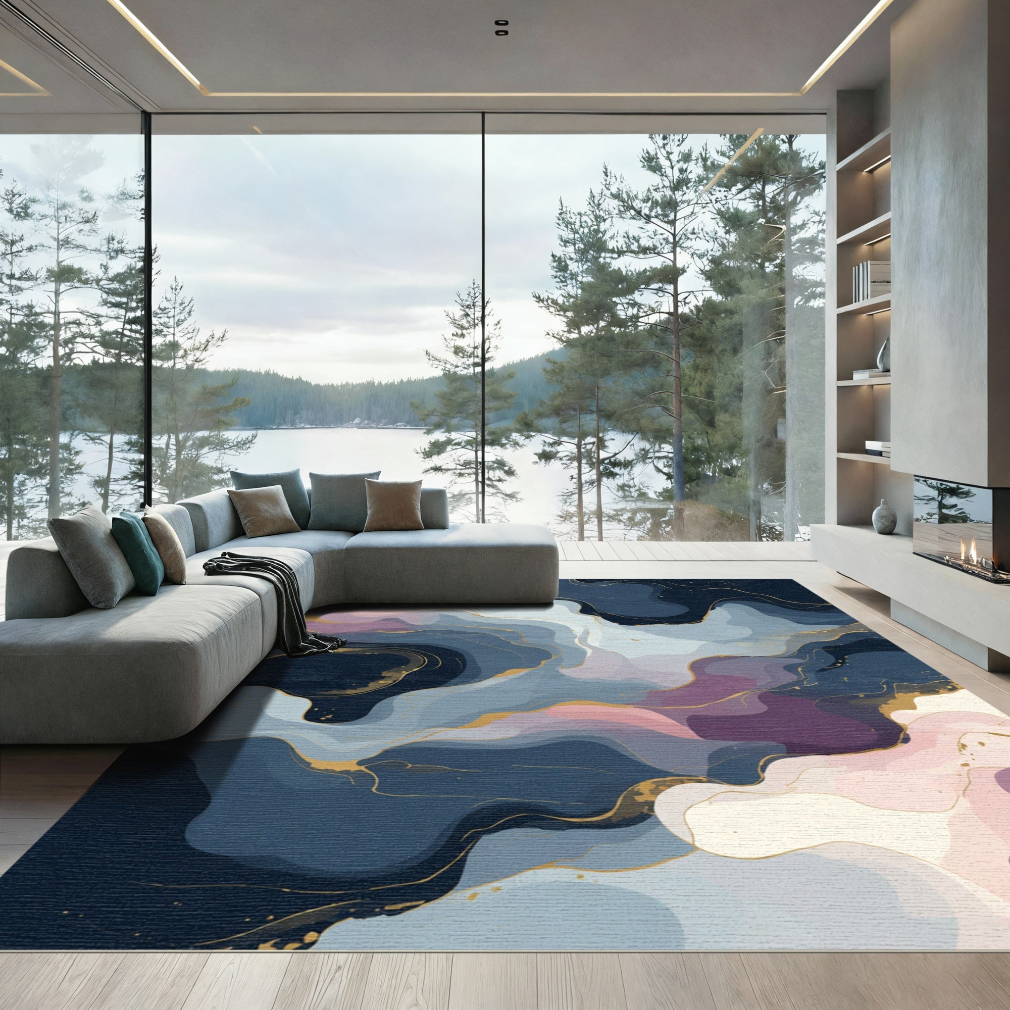 Midnight Blue Pink Golden Swirl Rug