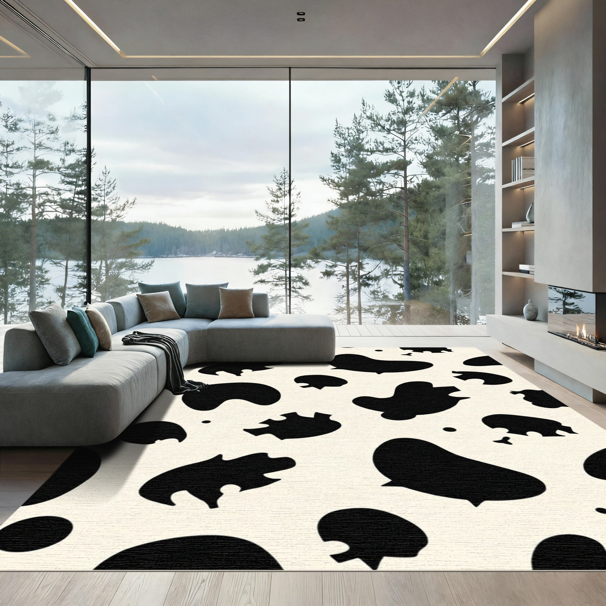 Cream Black Abstract SpotsRug Rug
