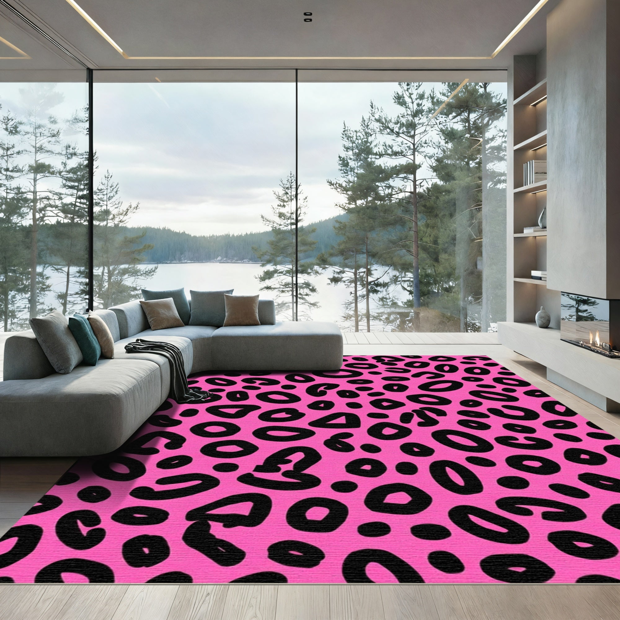 Pink Black Spotted Animal Print Rug