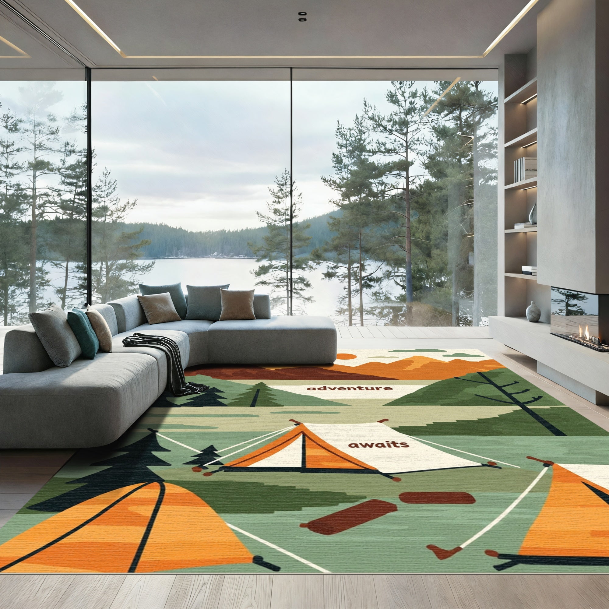 Earthy Mountain Camping Tent Scene Rug