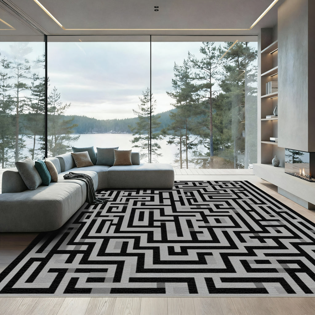 Monochromatic Maze Labyrinth Rug