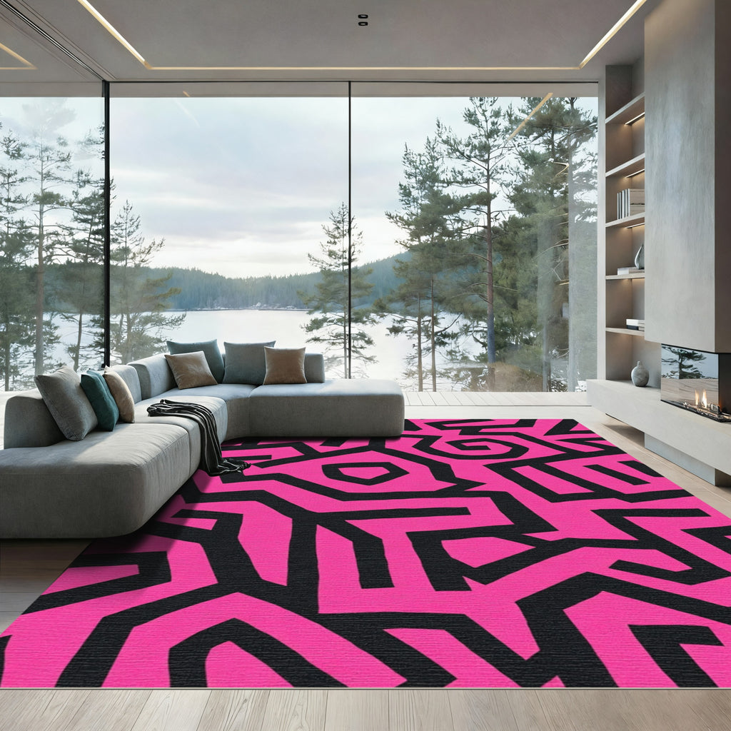 Bold Pink Black Abstract Lines Rug