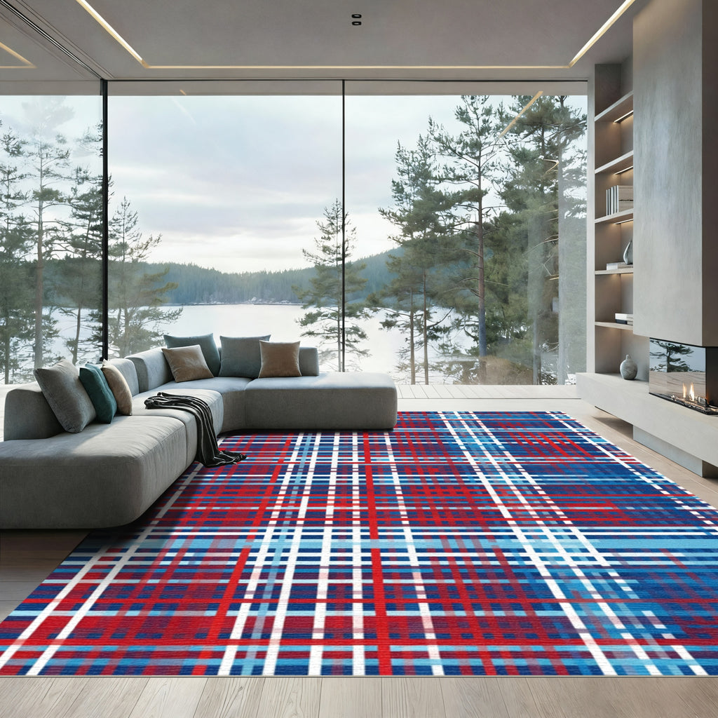 Red Blue White Plaid Grid Rug