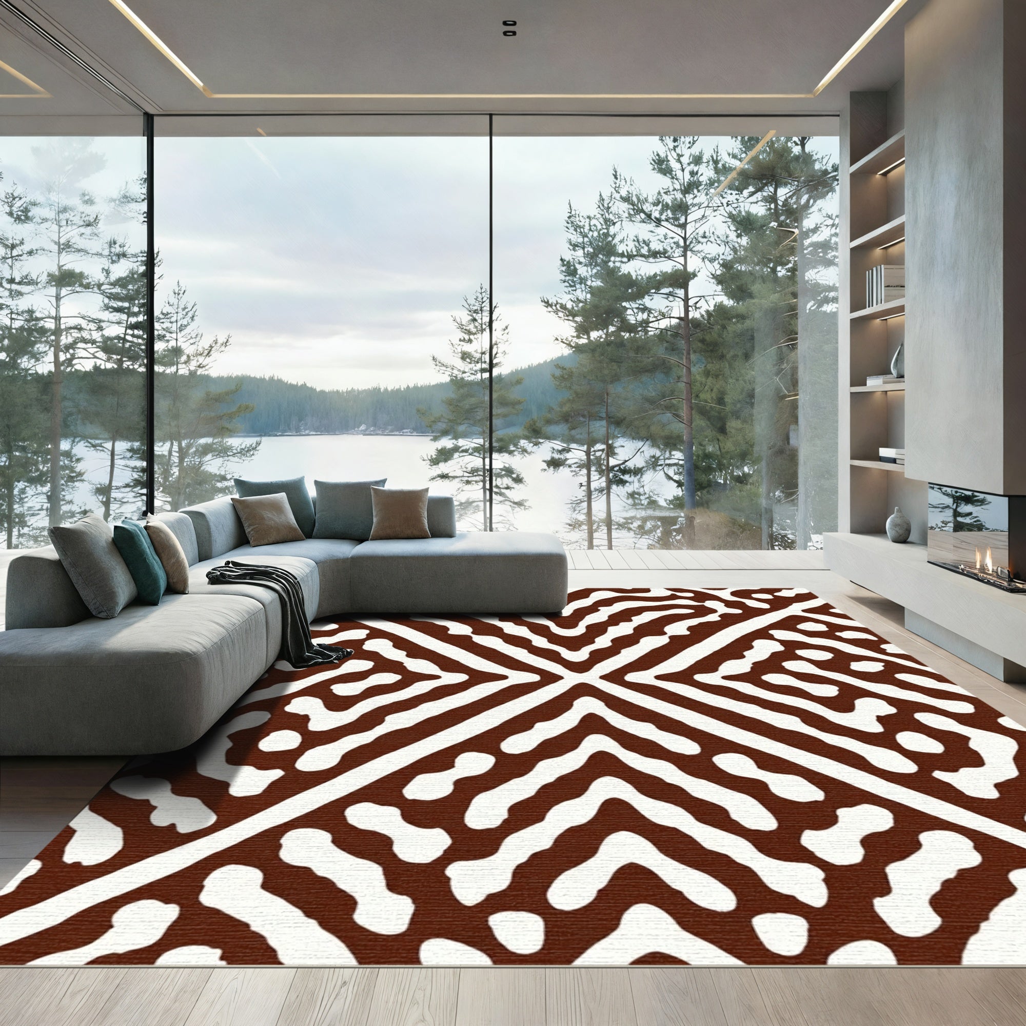 Brown White Abstract Geometric Rug