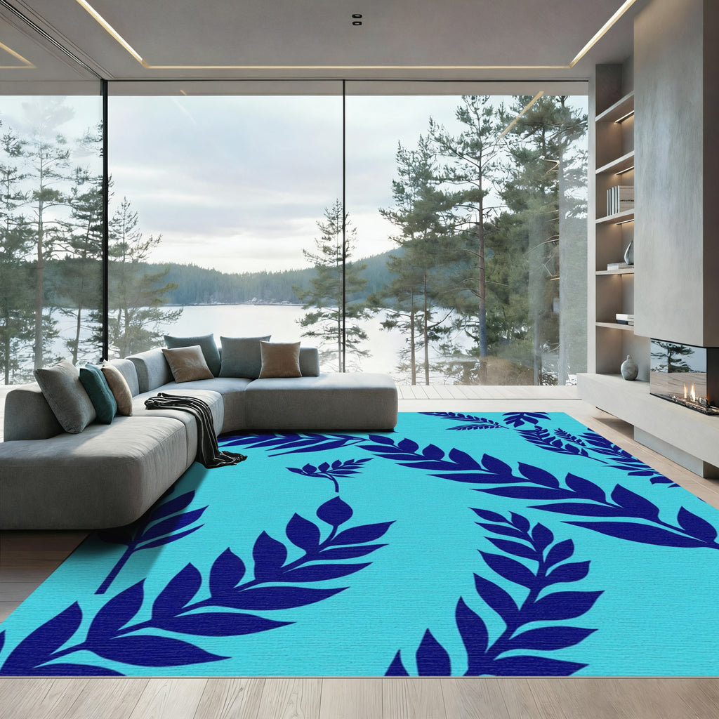 Deep Blue Fern Foliage Background Rug