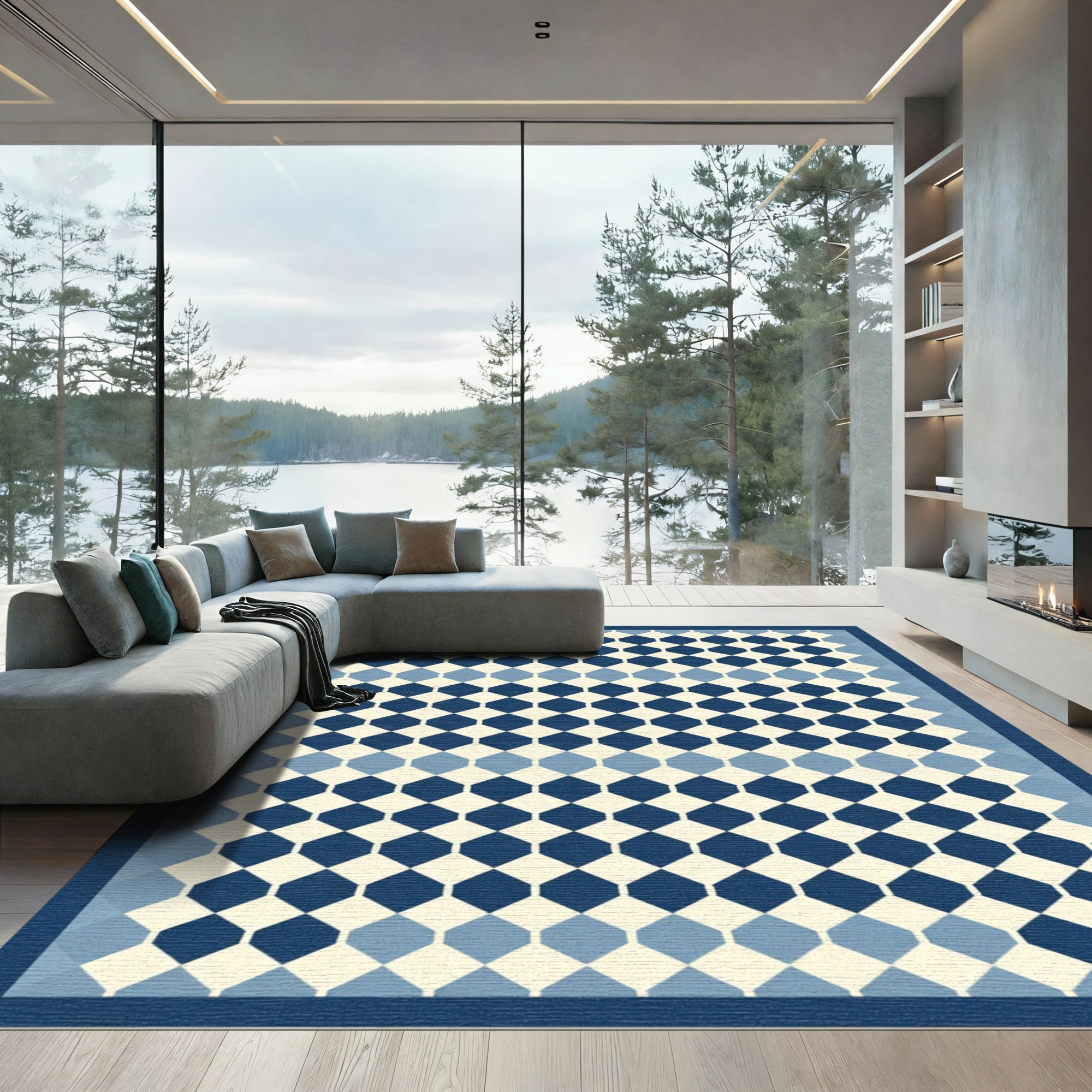 Navy Blue Geometric Diamond Border Rug