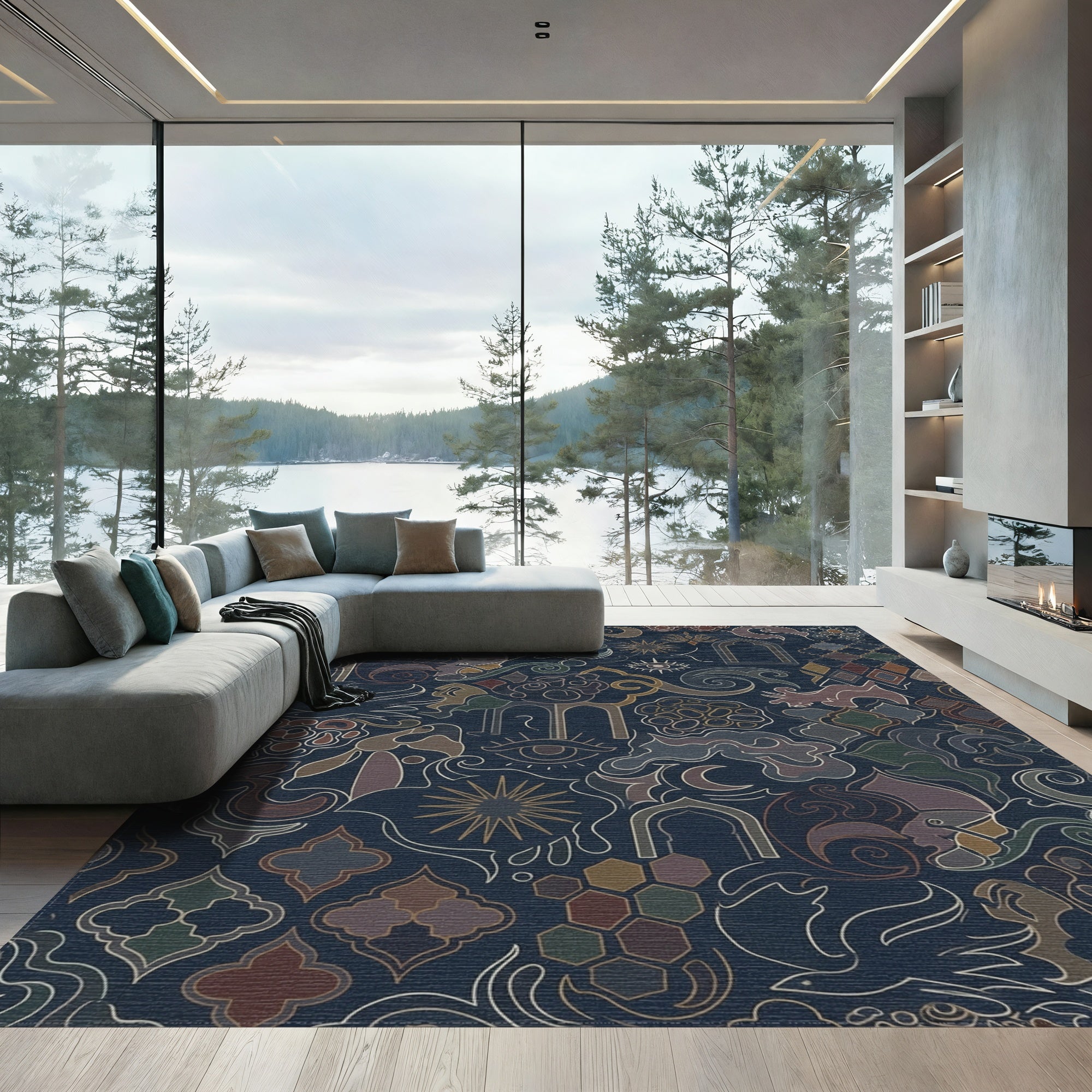 Dark Blue Mystical Arc Symbols Rug