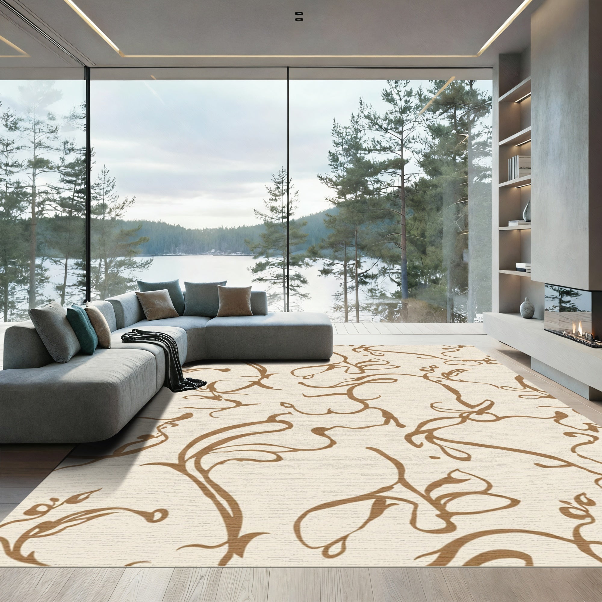 Brown Floral Vine Swirl Rug