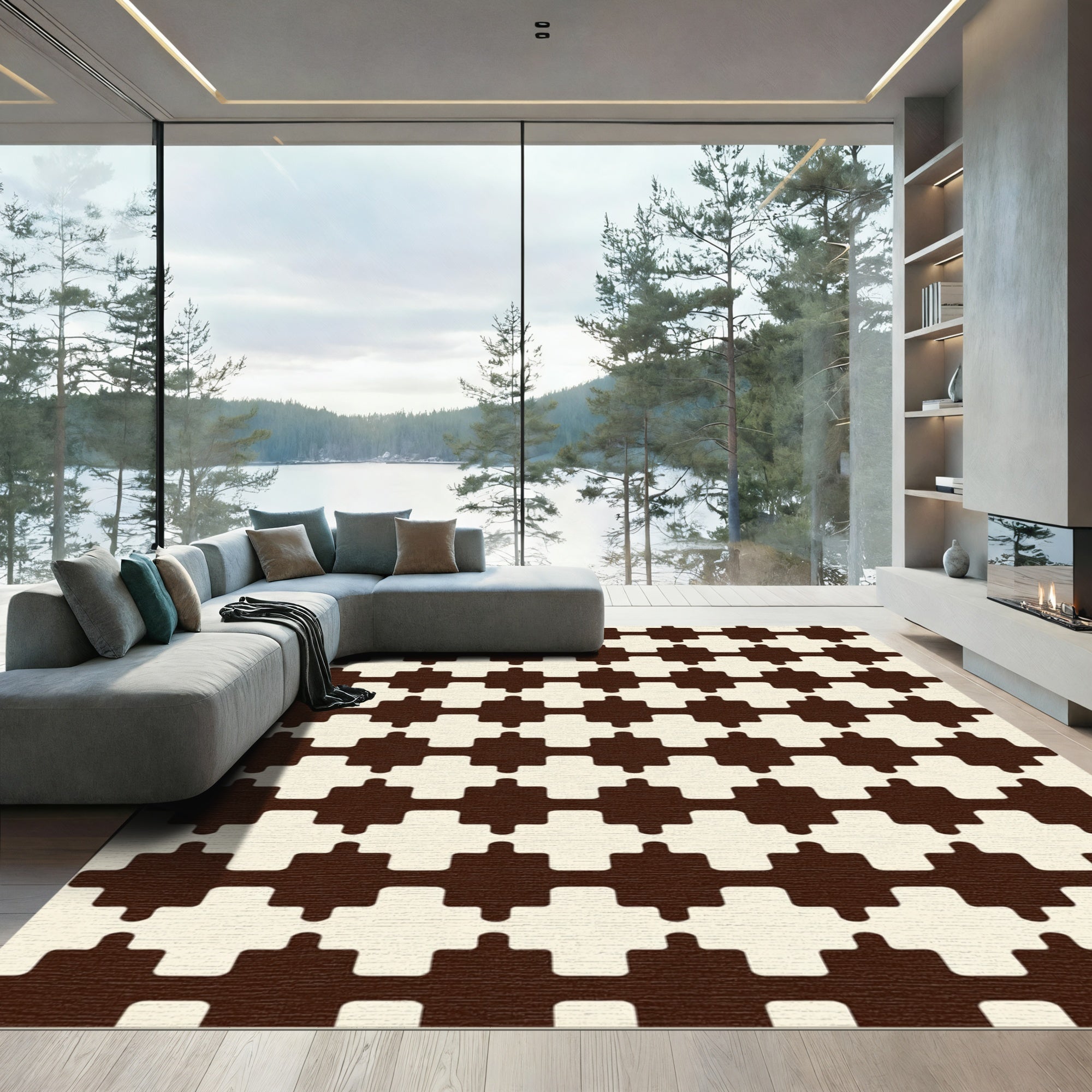 Dark Beige Geometric Cross Shape Repeat Rug