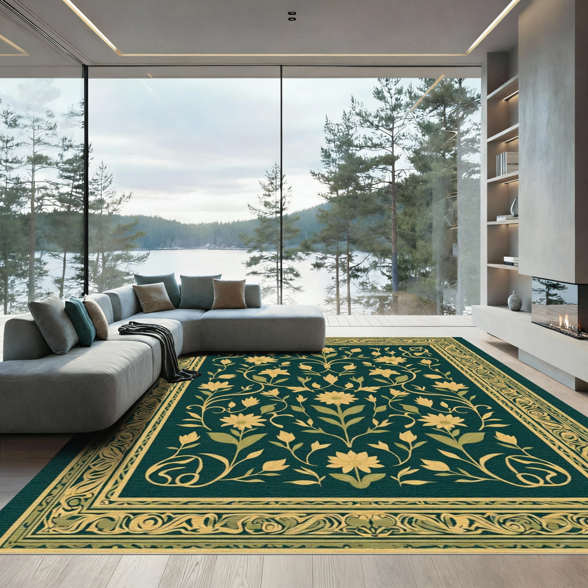 Deep Teal Golden Floral Scroll Rug