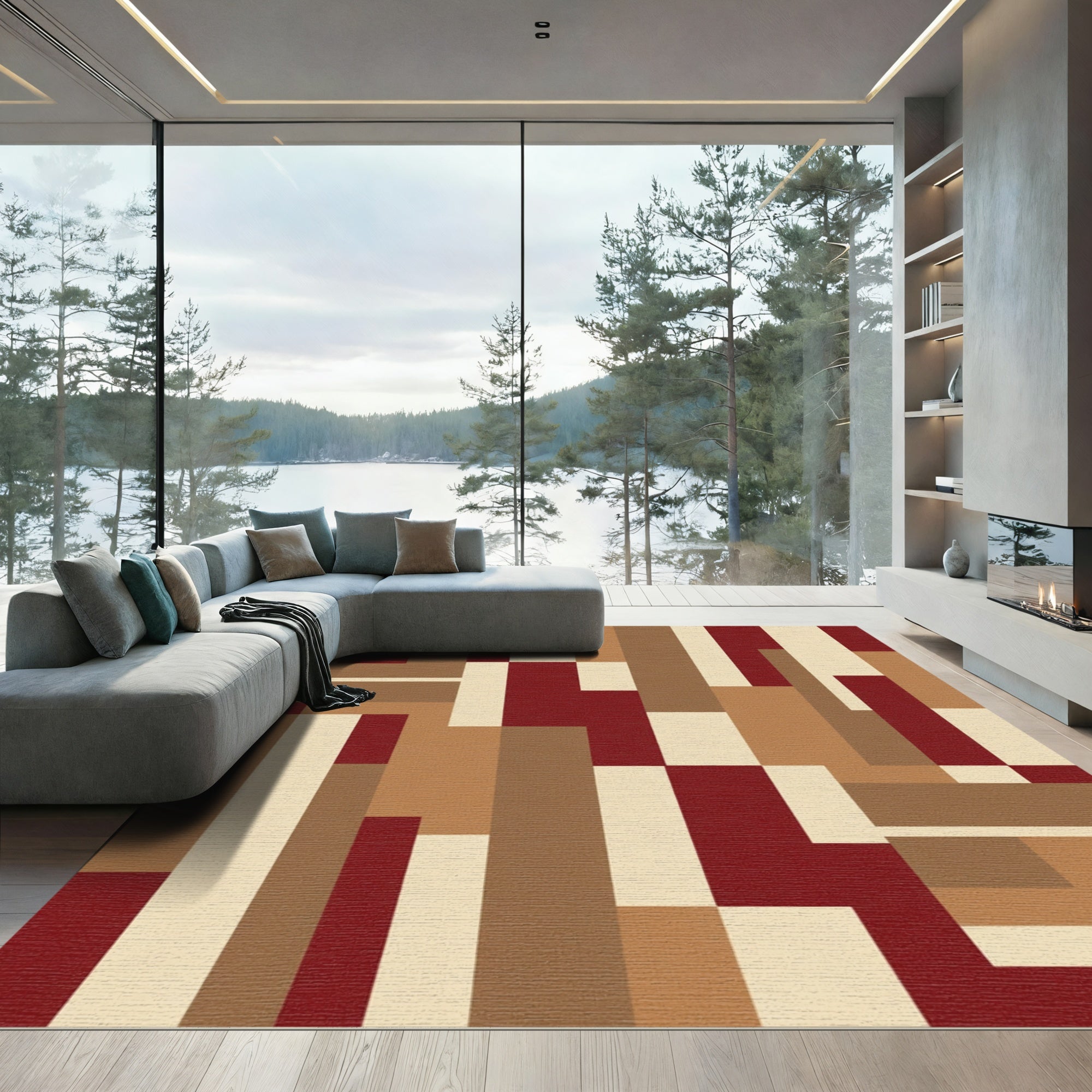 Abstract Red Brown Geometric Blocks Rug