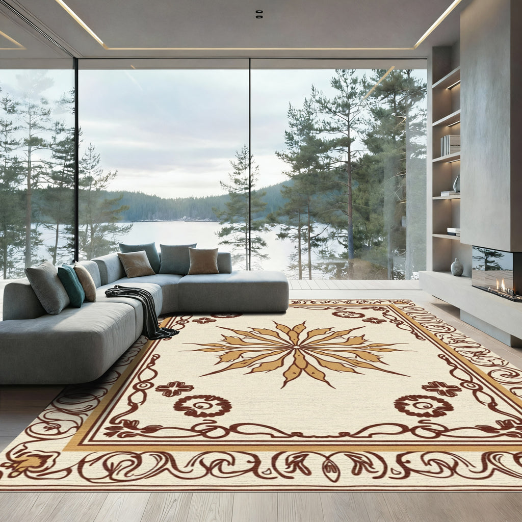 Cream Brown Floral Sunburst Border Rug