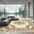 Cream Brown Floral Sunburst Border Rug