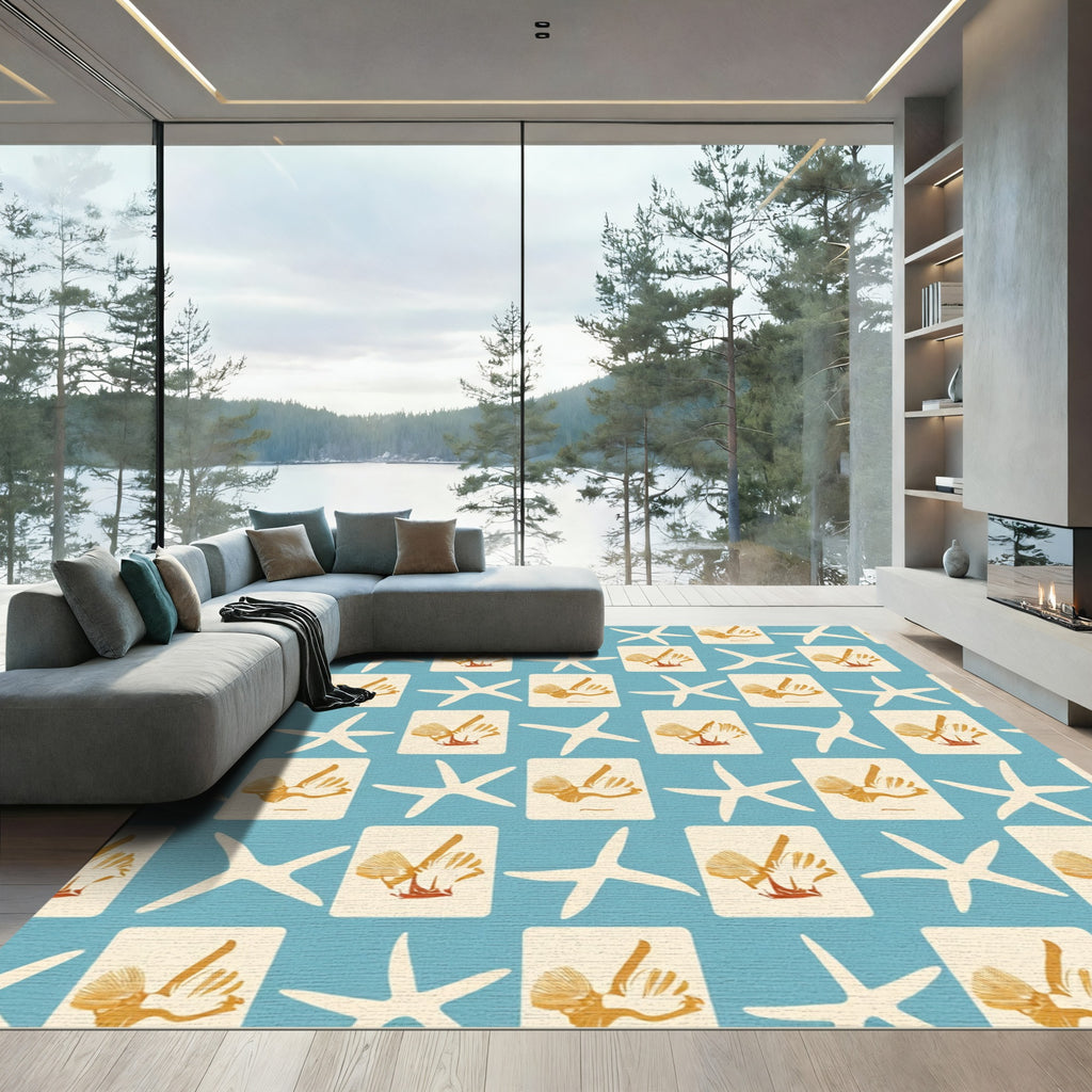 Navy Blue Starfish Shell Collage Rug