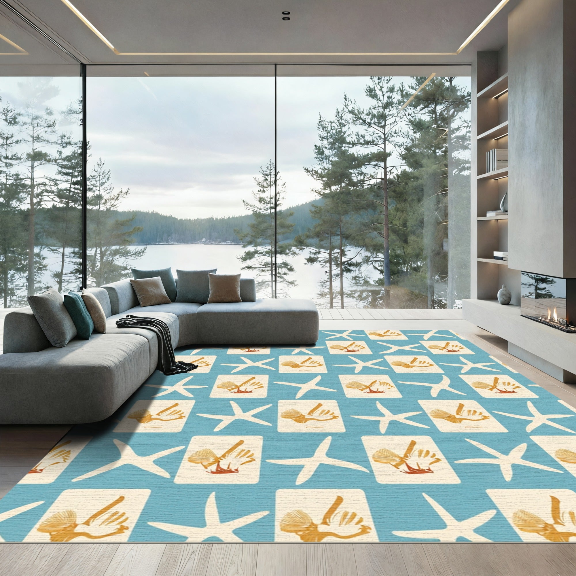 Navy Blue Starfish Shell Collage Rug
