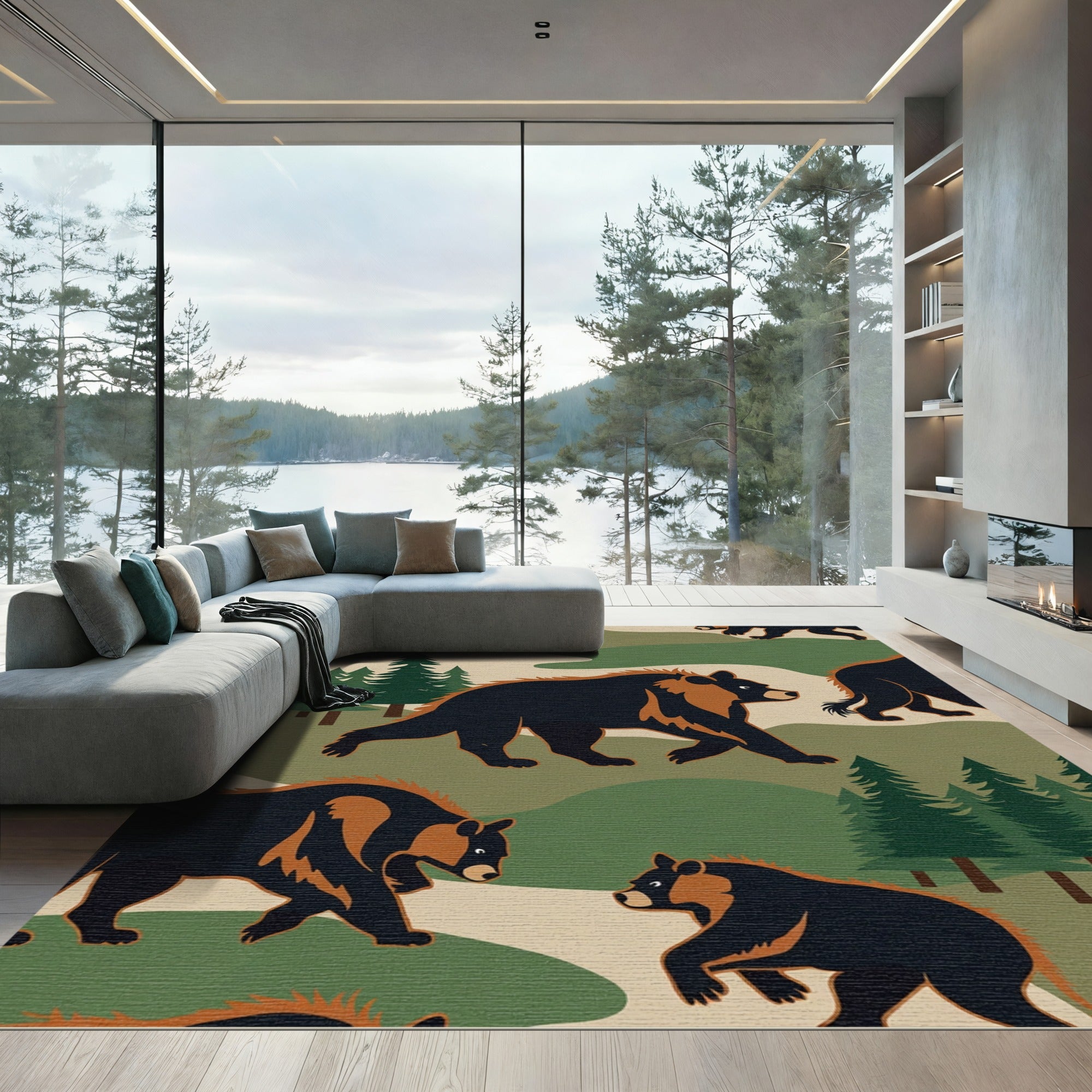 Woodland Bears Forest Landscape Rug