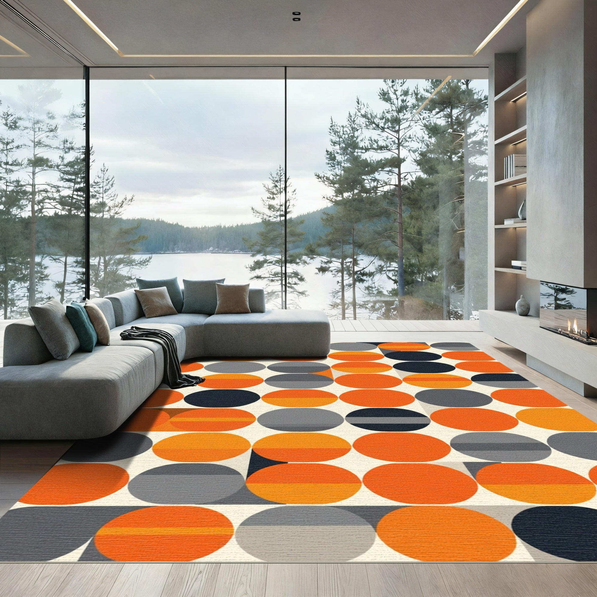 Orange Gray Roundels Mid Century Rug