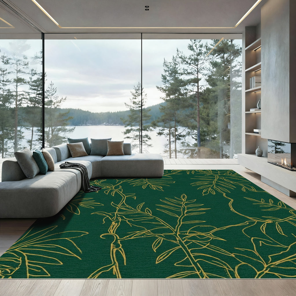 Emerald Green Golden Botanical Outline Rug