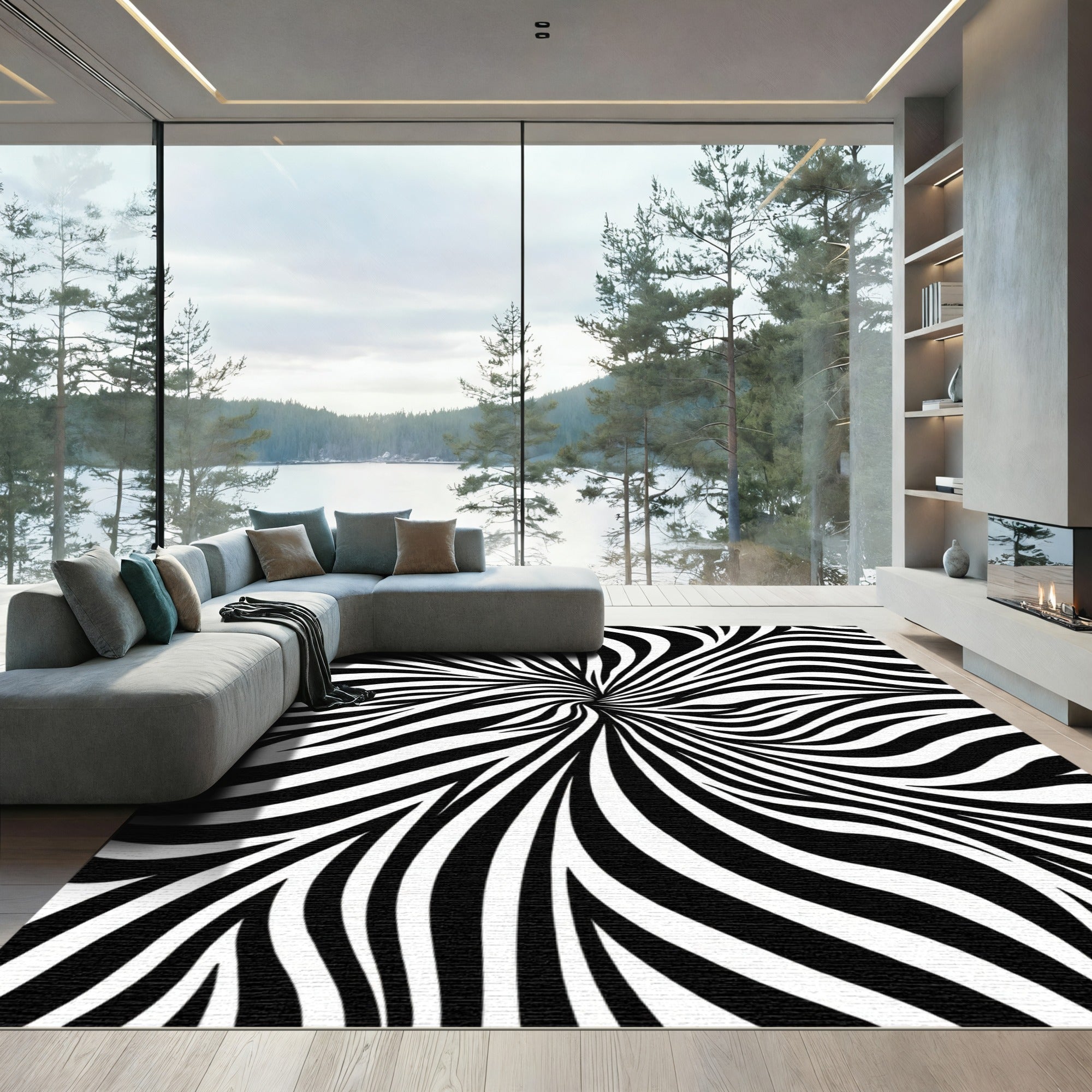 Black White Dynamic Swirl Zebra Rug