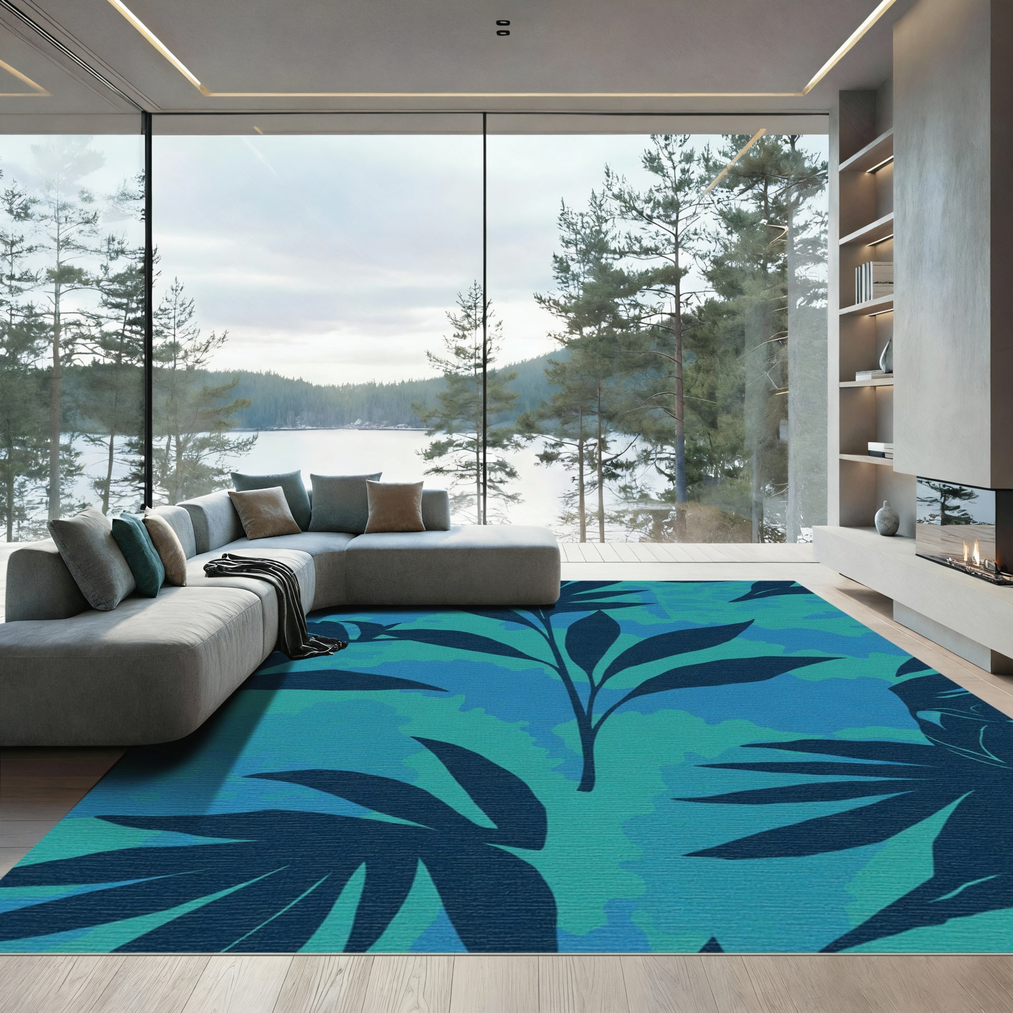 Teal Blue Leafy Tropical Abstract Rug