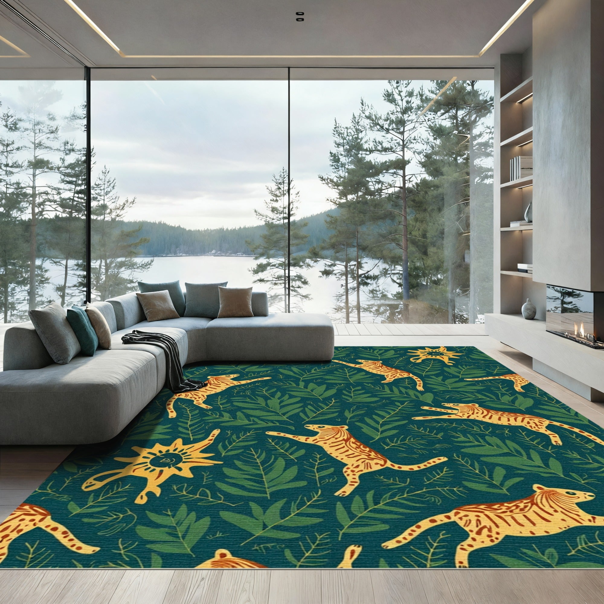 Jungle Cat Emerald Green Foliage Rug