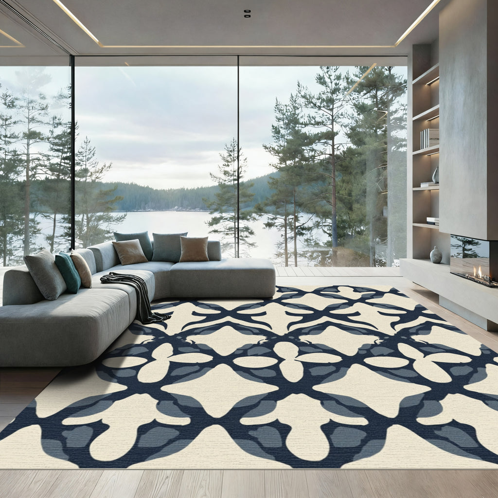 Indigo Blue Quatrefoil Lattice Rug