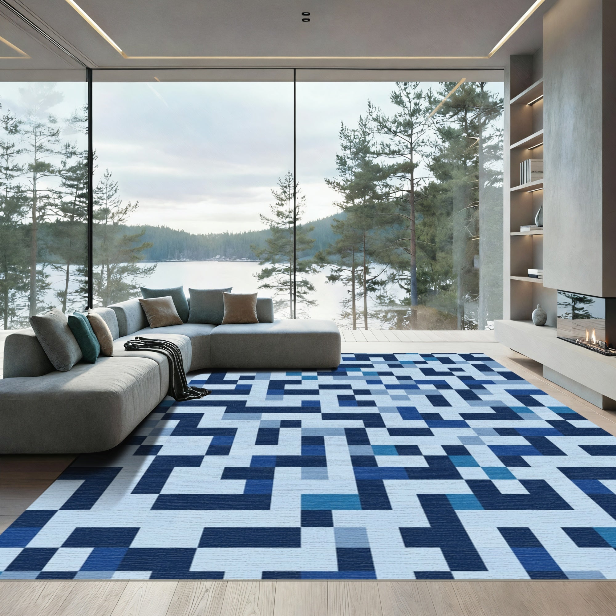 Chic Blue Geometric Pixel Maze Rug