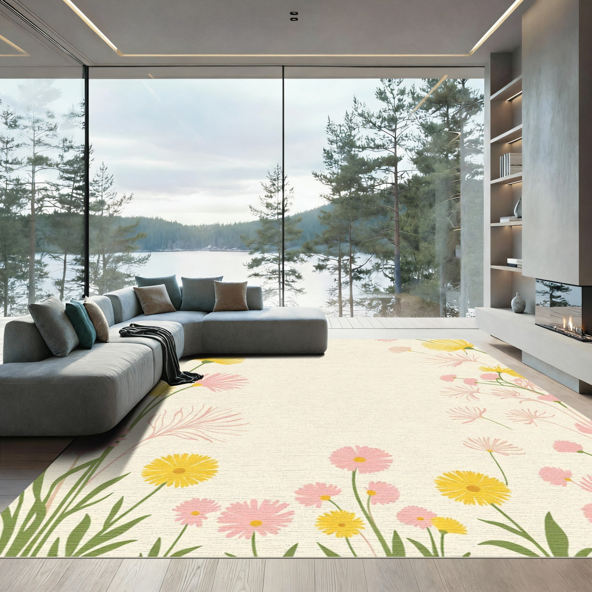 Soft Yellow Pink Floral Garden Rug