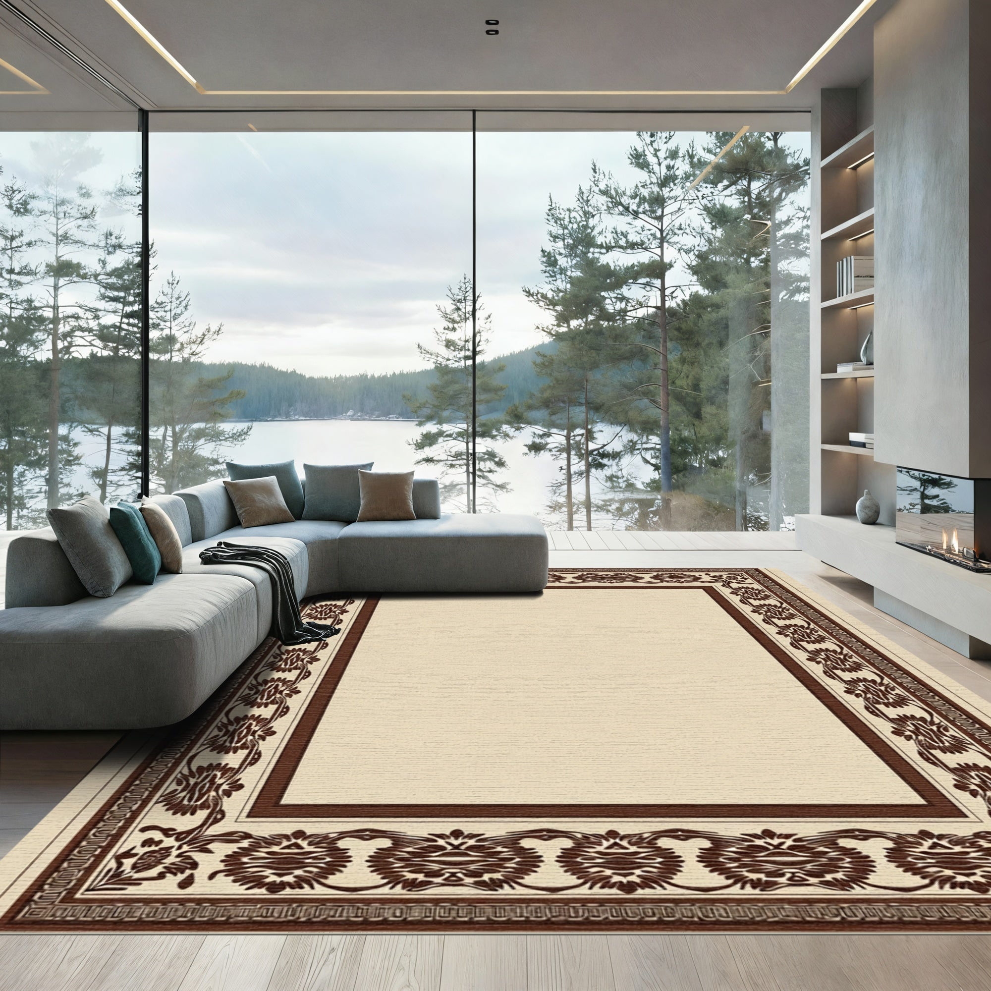 Ornate Brown Floral Framework Rug