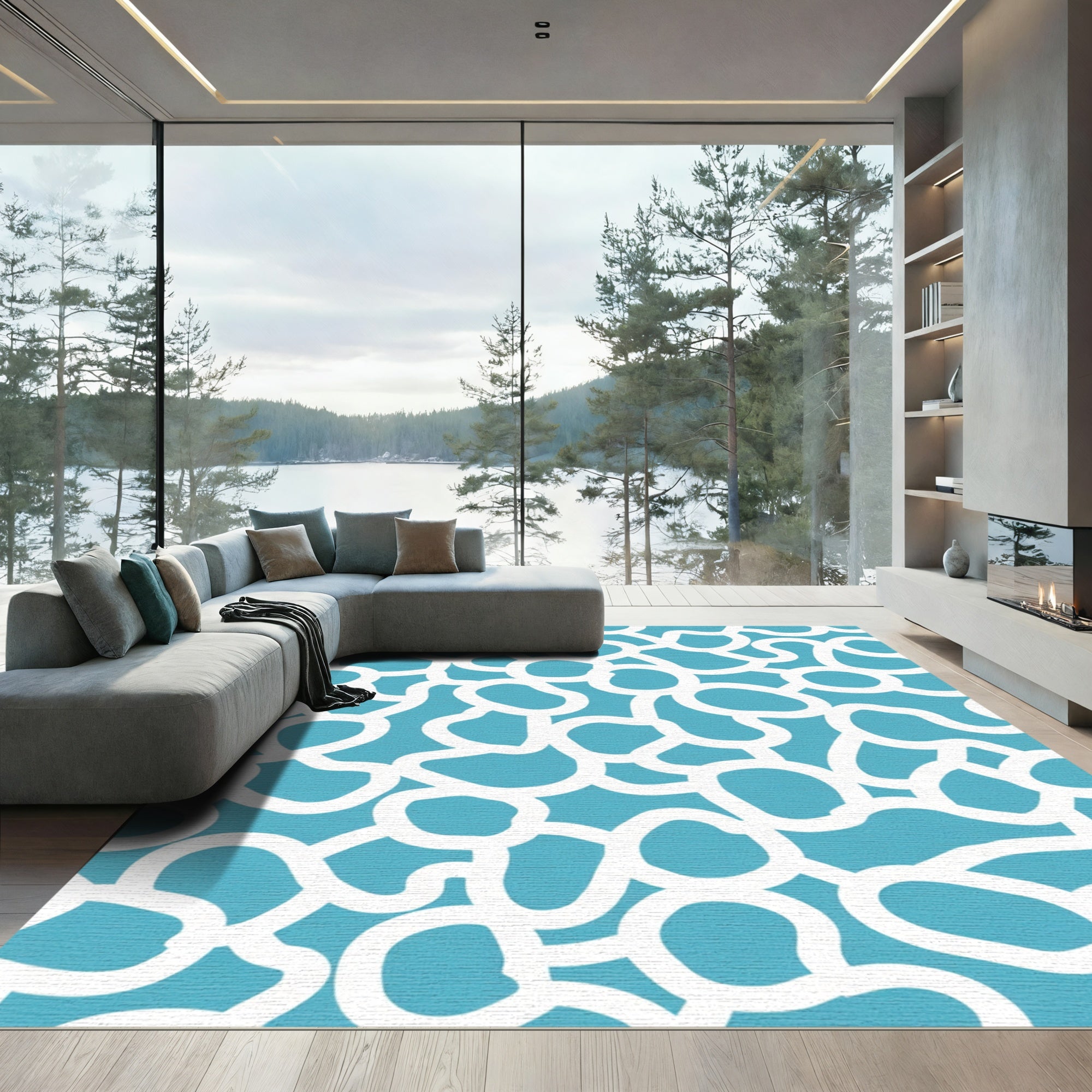 Teal White Organic Blossom Medley Rug