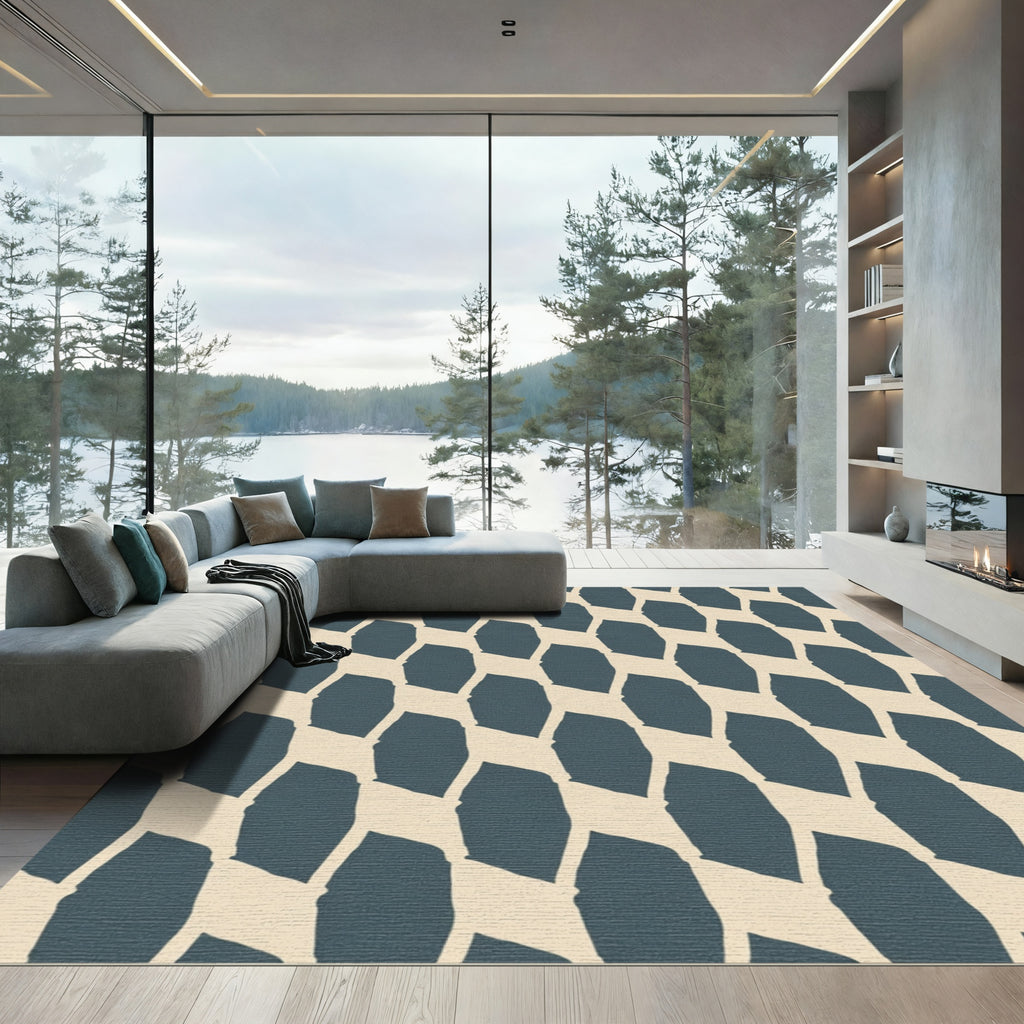 Deep Teal Abstract Lattice Rug