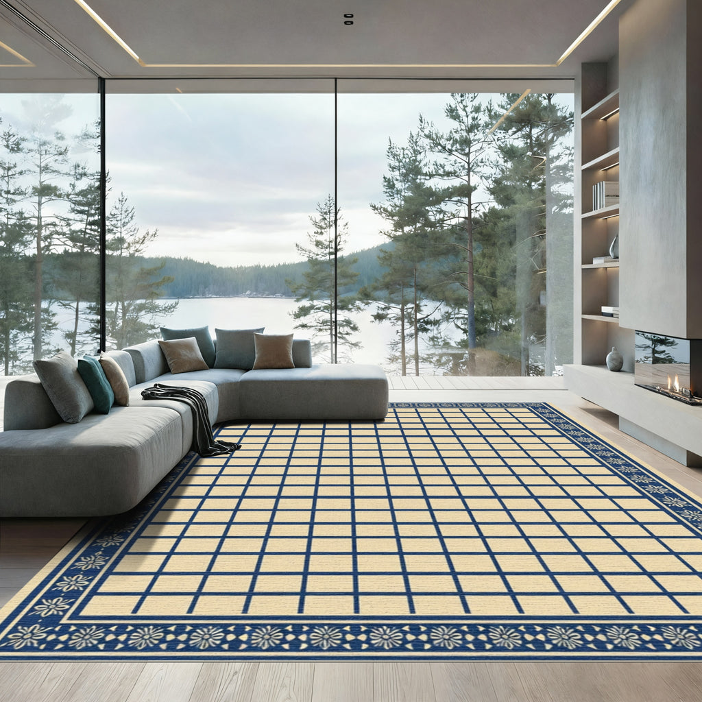Navy Cream Geometric Square Border Rug