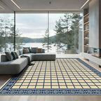 Navy Cream Geometric Square Border Rug