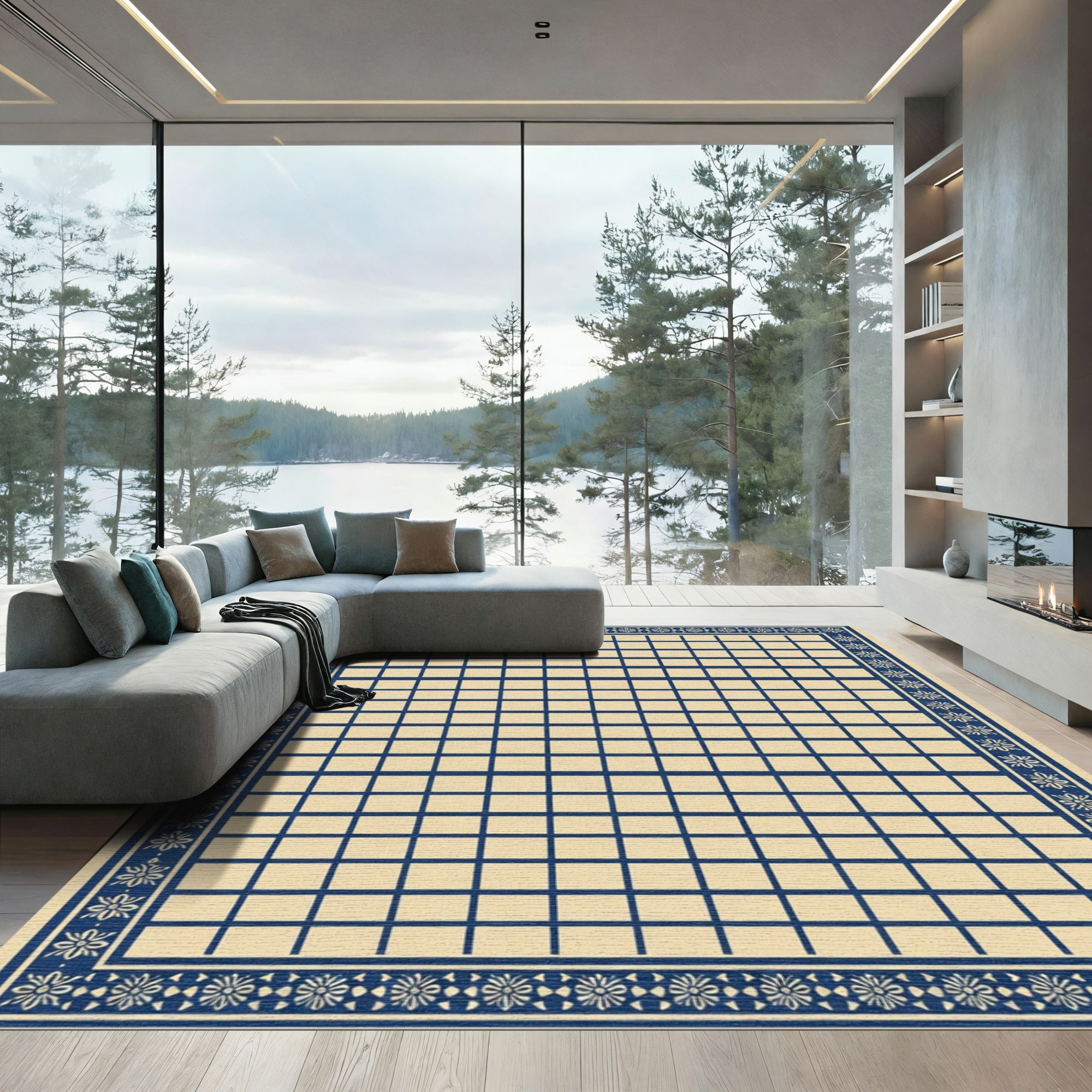 Navy Cream Geometric Square Border Rug