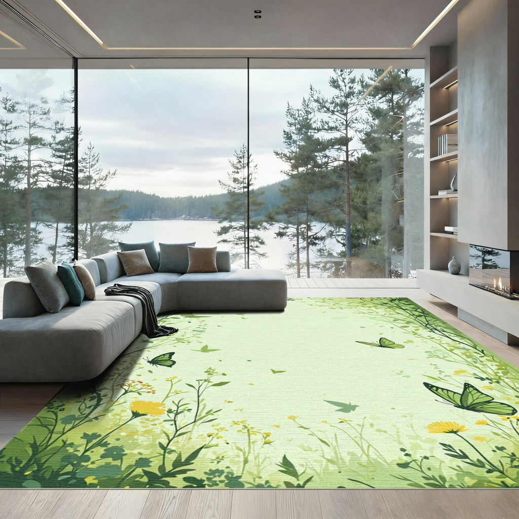 Lush Green Butterflies and Foliage Rug
