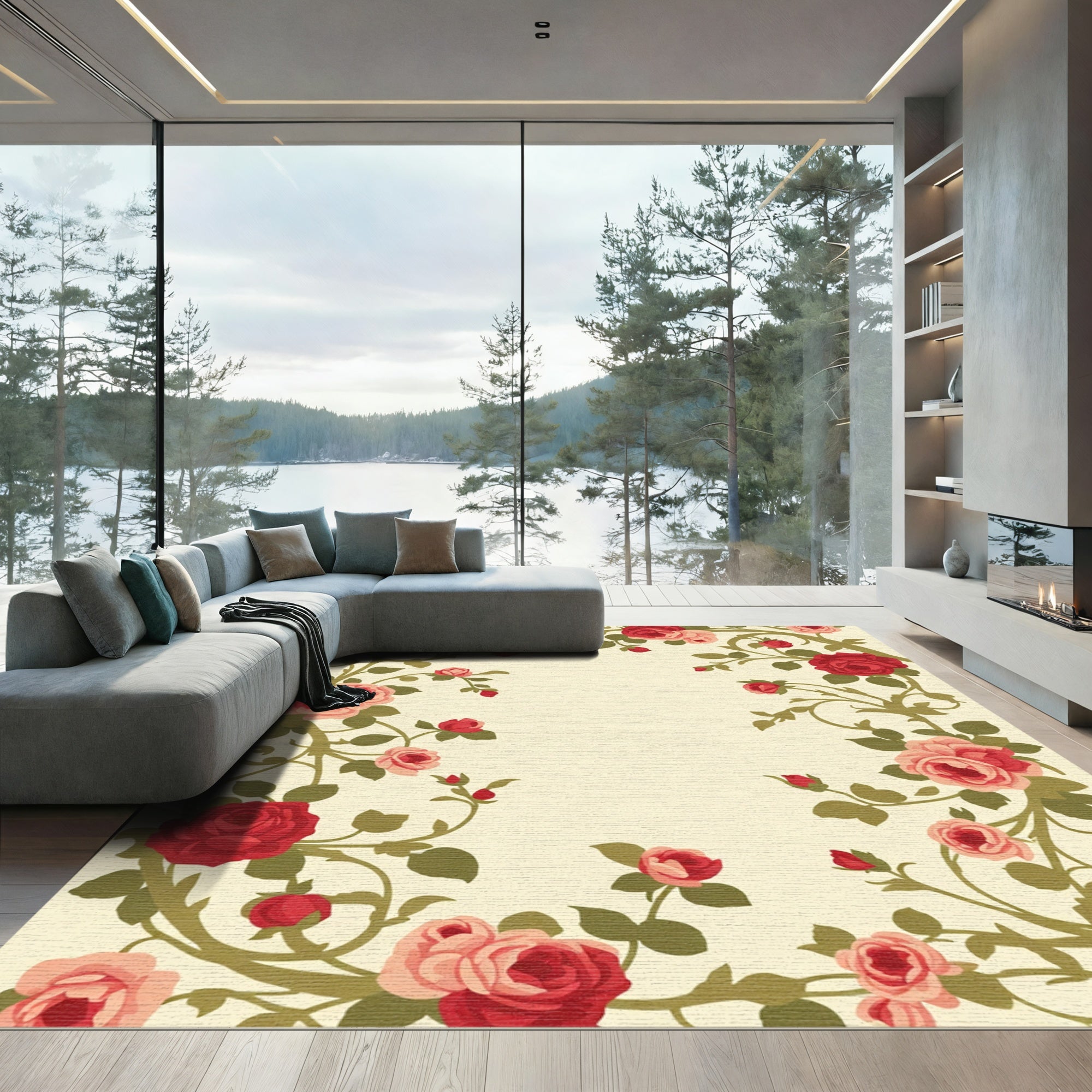 Crimson Coral Pink Rose Vine Rug