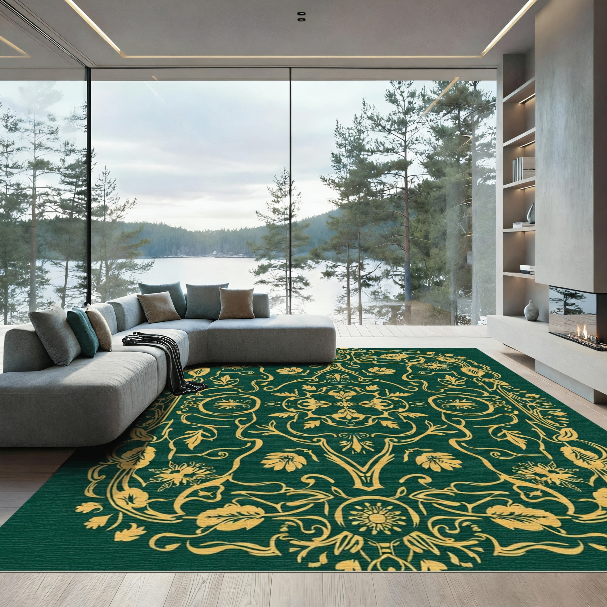 Rich Gold Emerald Floral Scroll Rug
