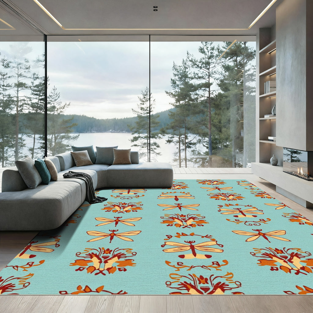 Light Orange Dragonfly Floral Arrangement Rug