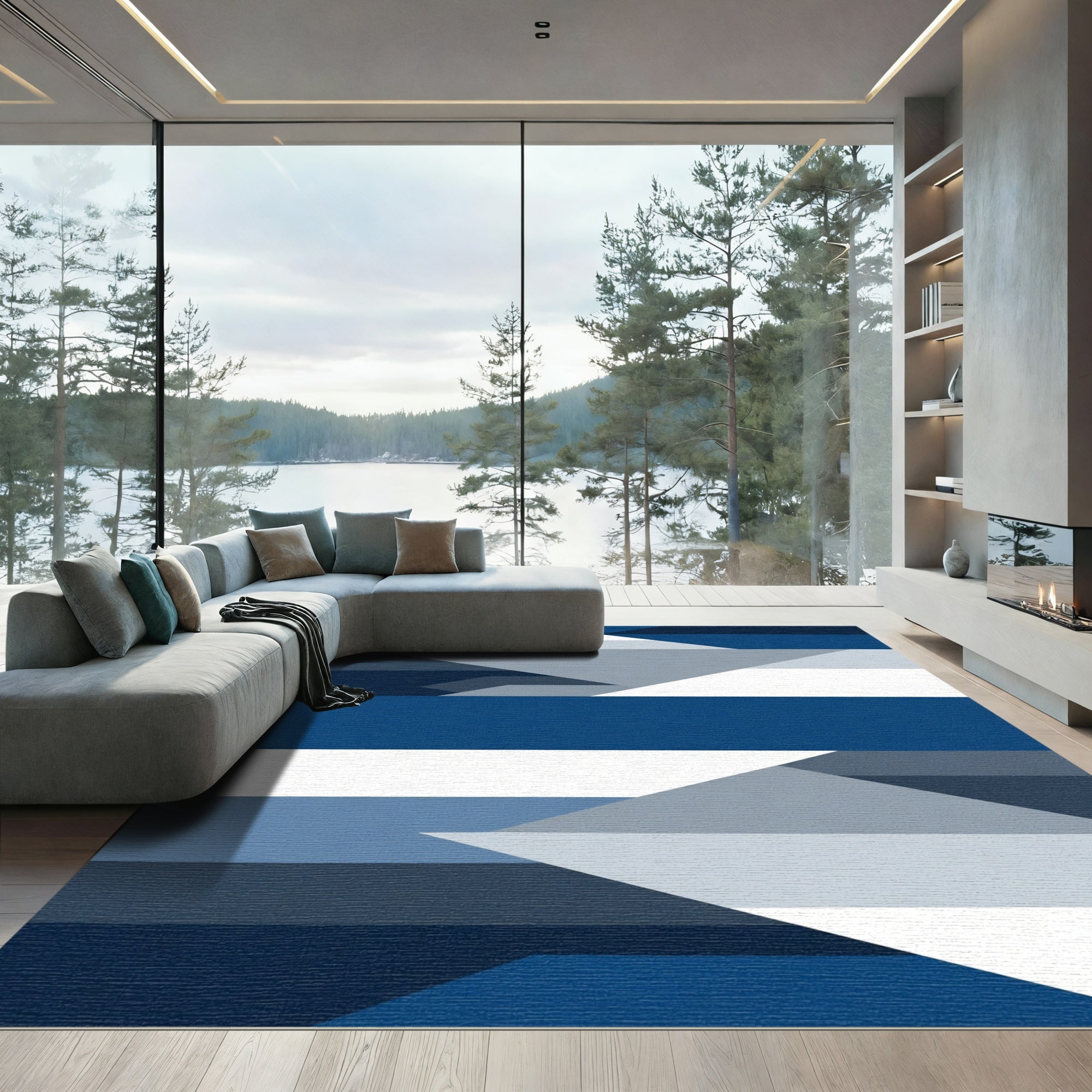Deep Blue Geometric Abstract Blocks Rug