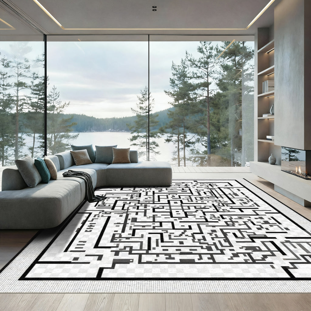 Modern Black White Abstract Maze Rug