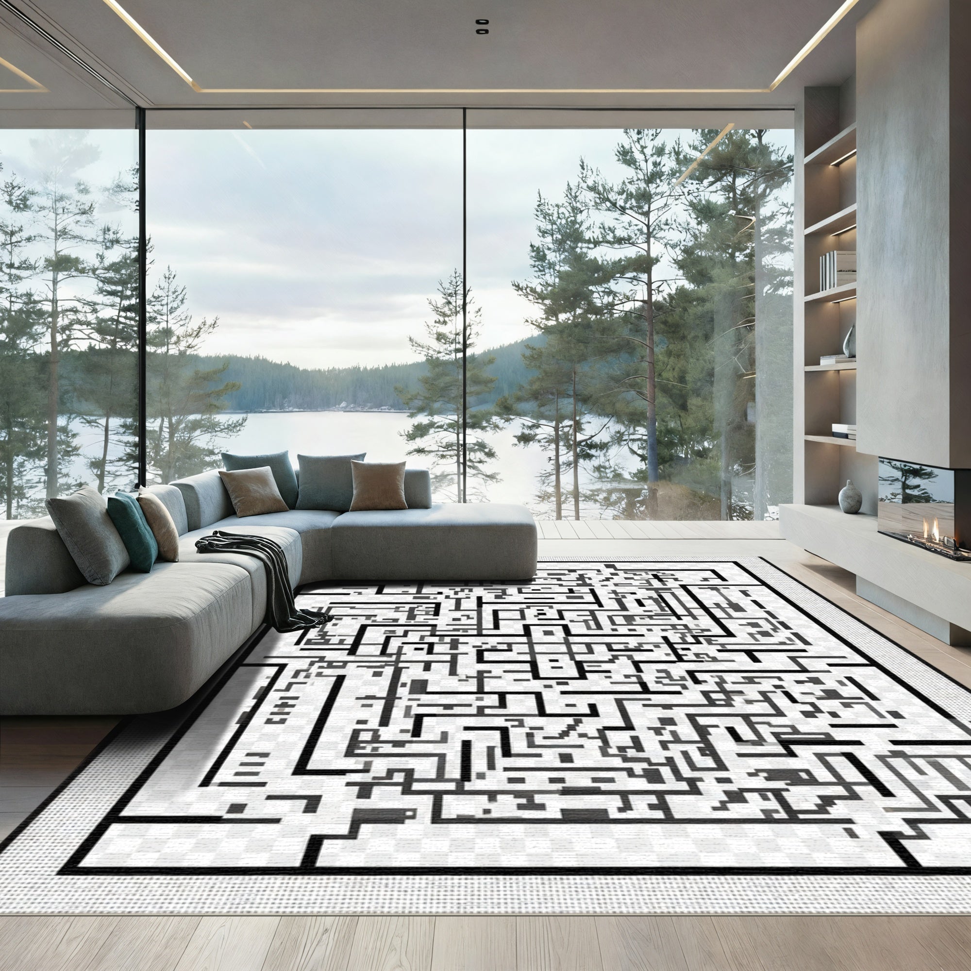 Modern Black White Abstract Maze Rug