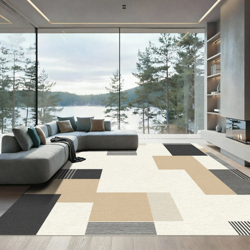 Abstract Geometric Tan Black Stripe Arrangement Rug